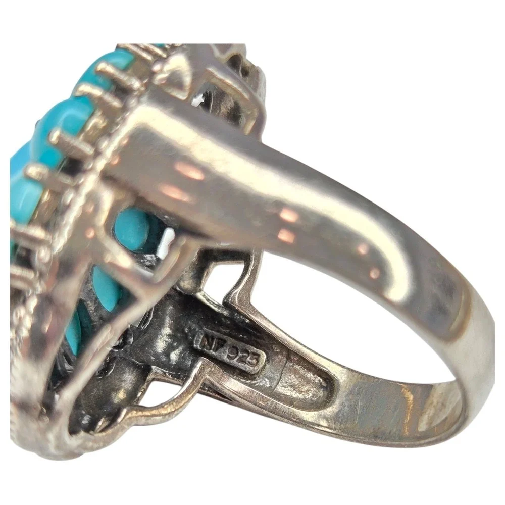 NF Ring 925 Sterling Silver Size 9 Blue Faux Turquoise Flower Statement NF925